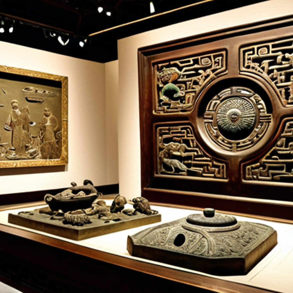 Ancient Chinese bronze artifacts with intricate designs in a museum setting, possibly with a subtle AR overlay showing historical information.