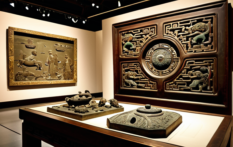 Ancient Chinese bronze artifacts with intricate designs in a museum setting, possibly with a subtle AR overlay showing historical information.