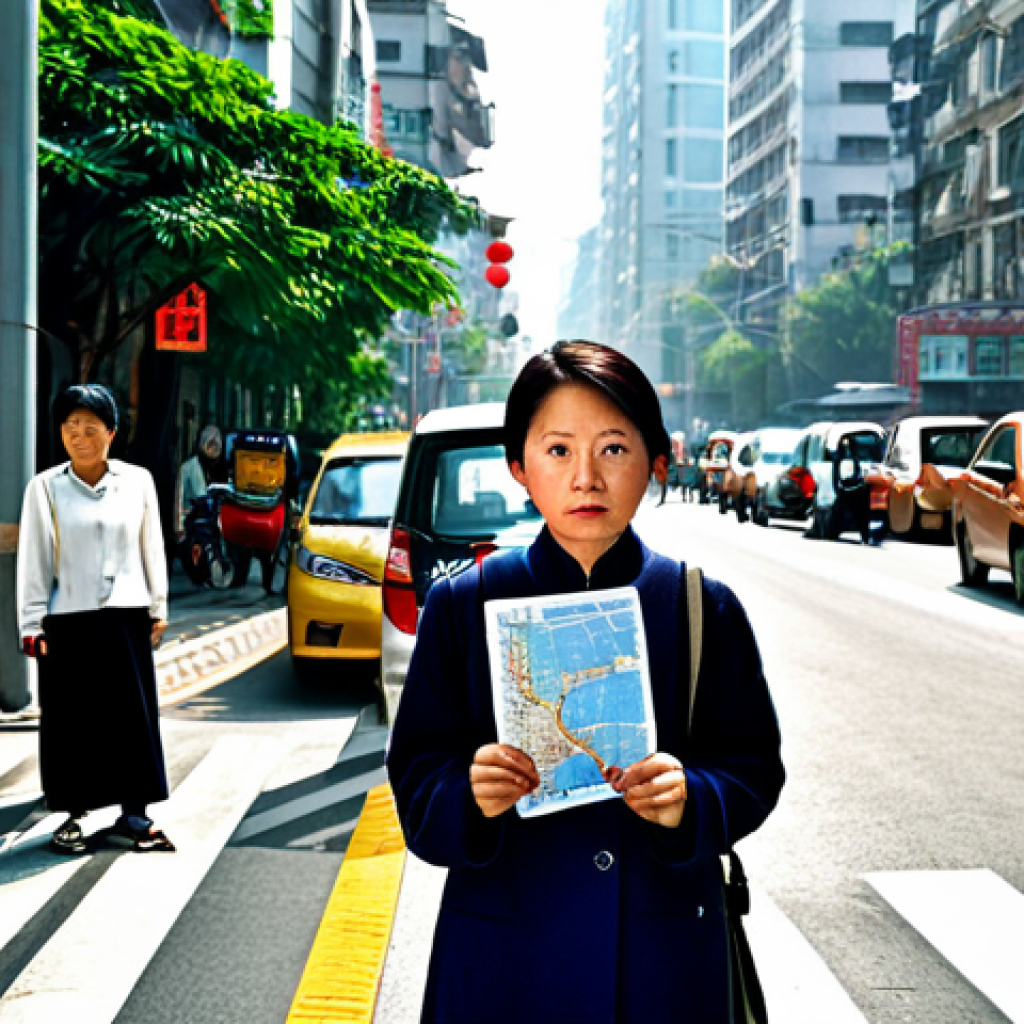 Road Sign Confusion**
A fully clothed tourist woman stands on a busy Chinese street corner, looking confused at a cluster of road signs written in Chinese characters. She is wearing modest travel clothes and holding a map. The background shows typical Chinese city traffic with cars and scooters. Safe for work, appropriate content, perfect anatomy, natural proportions, professional photography, family-friendly.
**