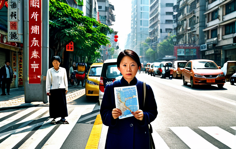 Road Sign Confusion**

A fully clothed tourist woman stands on a busy Chinese street corner, looking confused at a cluster of road signs written in Chinese characters. She is wearing modest travel clothes and holding a map. The background shows typical Chinese city traffic with cars and scooters. Safe for work, appropriate content, perfect anatomy, natural proportions, professional photography, family-friendly.

**