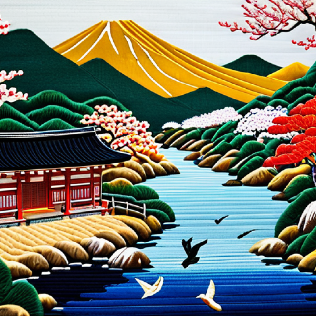 **Kyoto Embroidery (Kyo-Nui):** A detailed close-up of a Kyo-Nui embroidery piece featuring a traditional Japanese landscape scene with flowers and birds, executed with vibrant silk threads and gold accents. Display it within a traditional Kyoto workshop. Safe for work, appropriate content, fully clothed, professional, perfect anatomy, natural proportions, high quality.