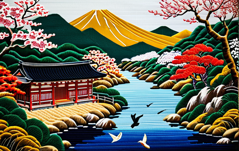 **Kyoto Embroidery (Kyo-Nui):** A detailed close-up of a Kyo-Nui embroidery piece featuring a traditional Japanese landscape scene with flowers and birds, executed with vibrant silk threads and gold accents. Display it within a traditional Kyoto workshop. Safe for work, appropriate content, fully clothed, professional, perfect anatomy, natural proportions, high quality.