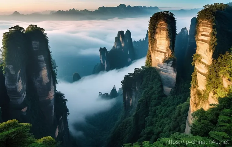 중국 장가계 자연 경관 - **A mystical panorama of Zhangjiajie's "Hallelujah Mountains" at dawn.** Imagine a breathtaking land...