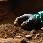 Home 10 중국 고대 무덤 발굴 유물 - **Prompt:** A close-up shot of an archaeologist's gloved hands meticulously brushing away loose eart...