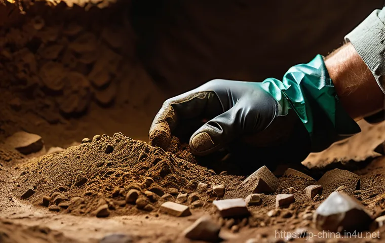 중국 고대 무덤 발굴 유물 - **Prompt:** A close-up shot of an archaeologist's gloved hands meticulously brushing away loose eart...